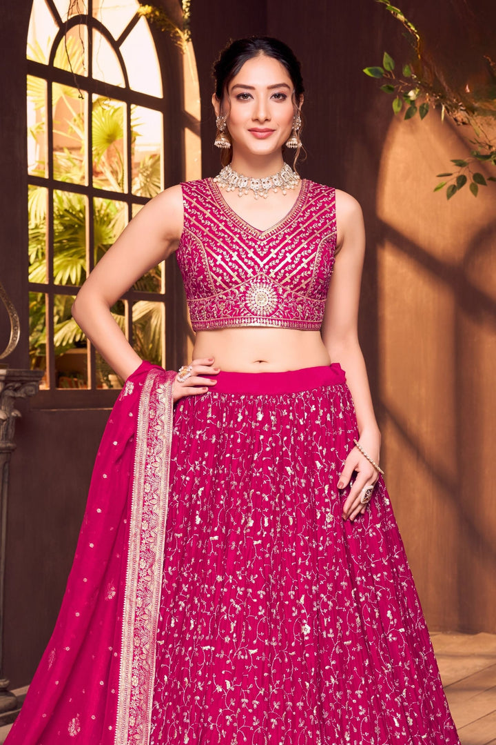Rani Pink Sequins, Beads, Zari and Stone work Crop Top Lehenga
