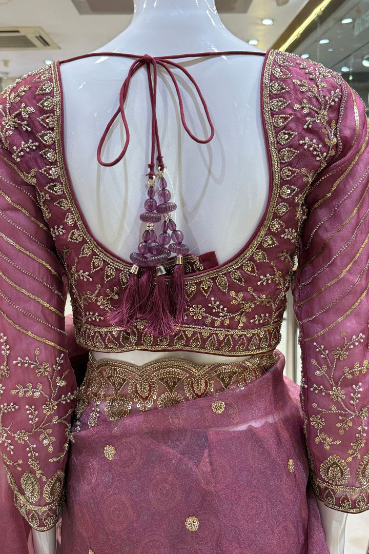 Onion Pink Pearls, Beads and Multicolor Thread work with Self Print Saree