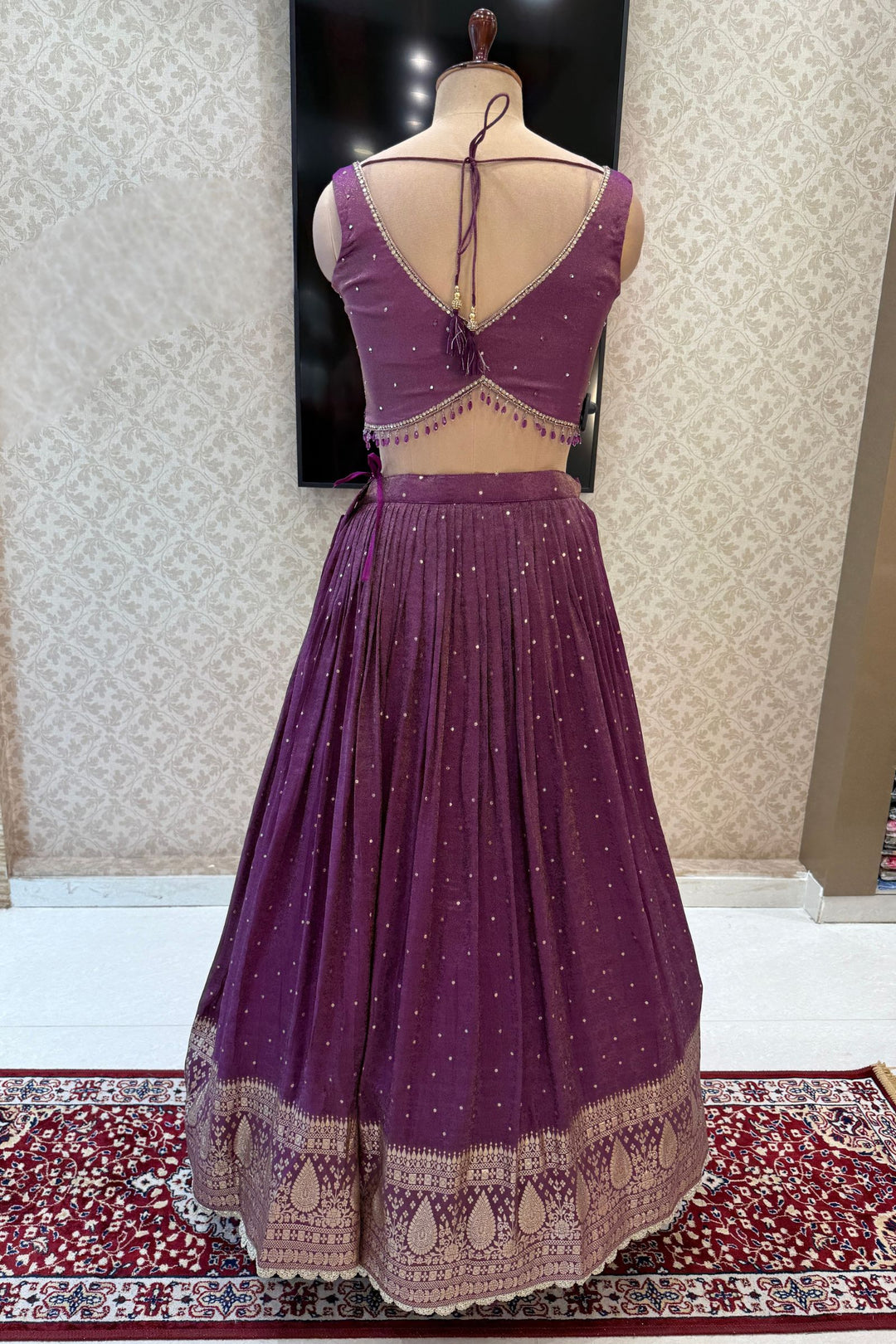 Purple Mirror, Stone, Beads, Zardozi, Zari, Sequins and Banaras work Crop Top Lehenga