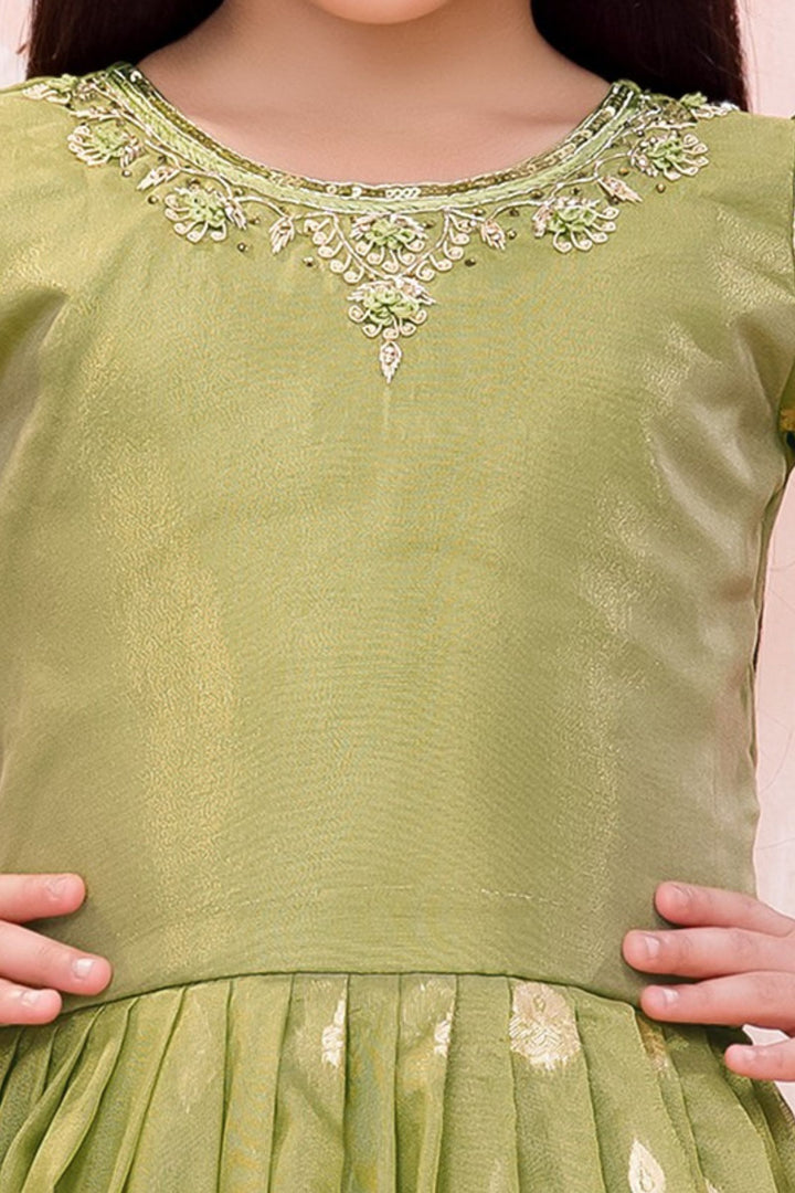 Green Zari, Zardozi, Sequins, Stone and Thread work Long Party Gown for Girls