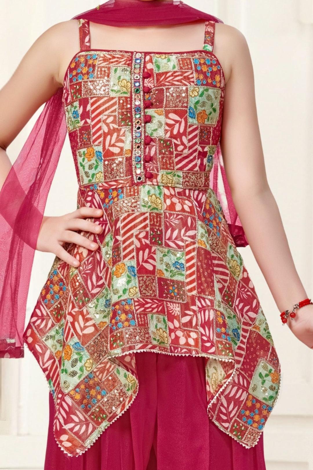 Rani Pink Sequins, Mirror and Stone work with Multicolor Digital Print Joggers Set for Girls