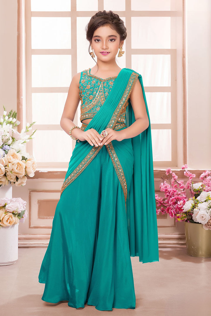 Rama Blue Sequins, Beads and Zari work Indo-Western Styled Crop Top Palazzo Set for Girls