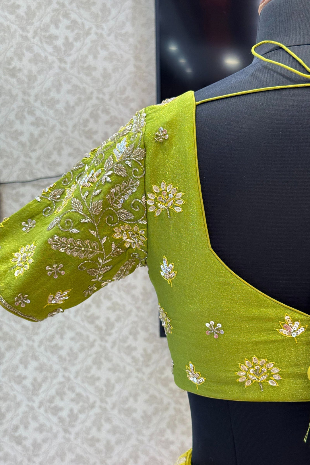 Parrot Green with Liril Green Beads, Sequins, Zardozi and Banaras work Crop Top Lehenga