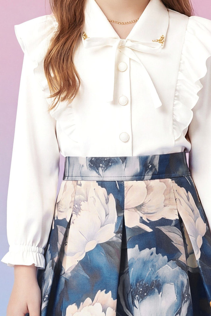 White with Blue Floral Print Top and Skirt for Girls