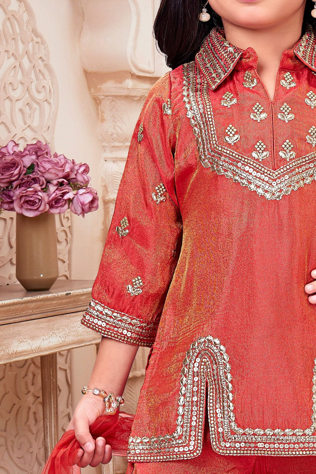 Orange Zari and Sequins work Sharara Suit Set for Girls