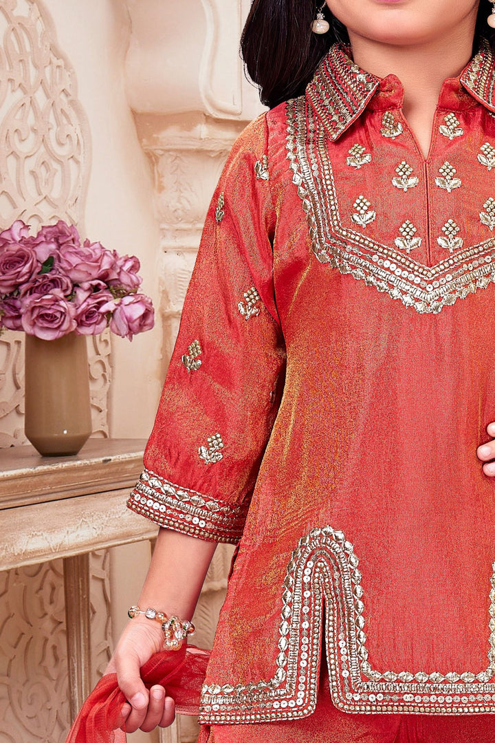 Orange Zari and Sequins work Sharara Suit Set for Girls