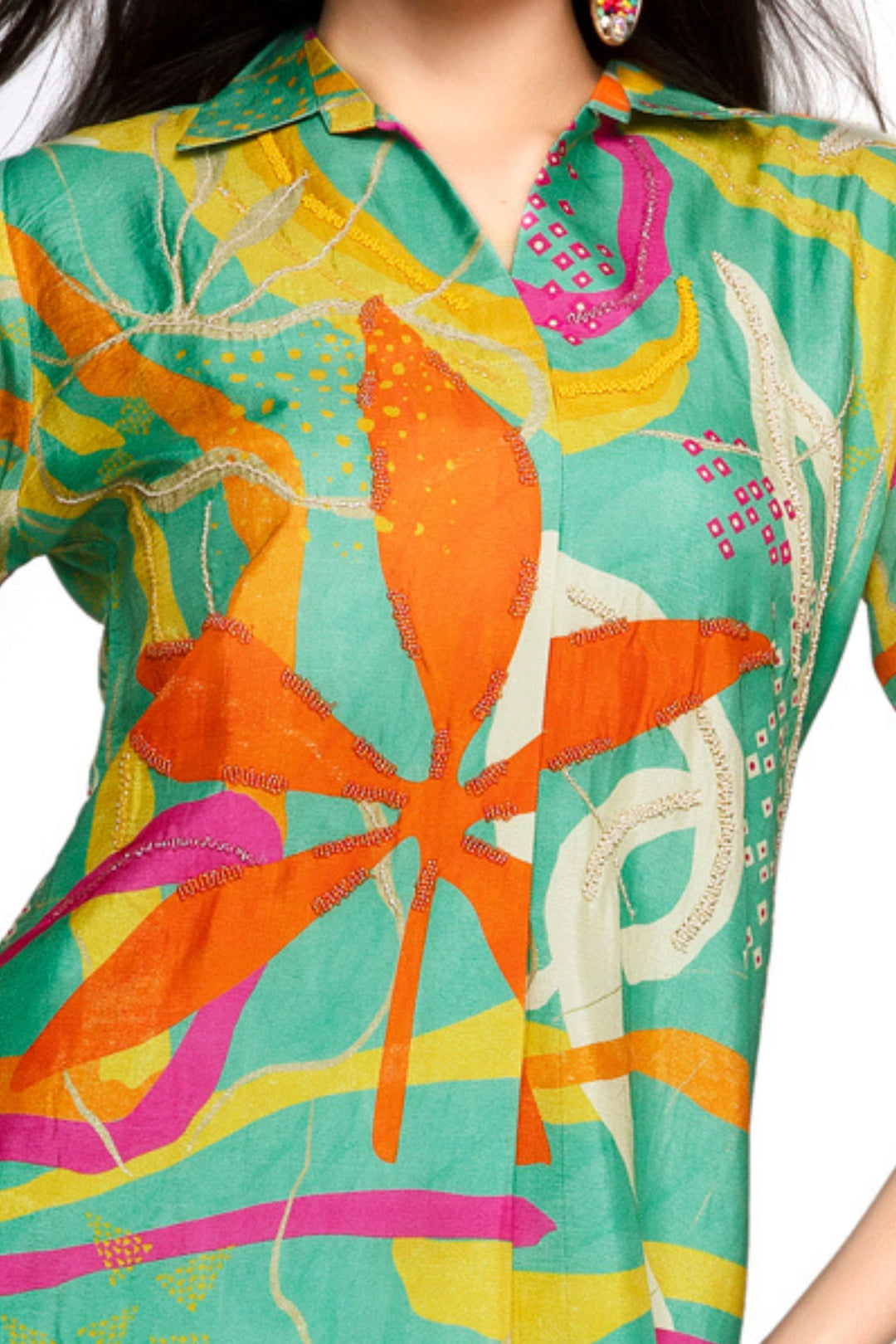 Sea Green with Multicolor Digital Print and Beads work Calf Length Kurti