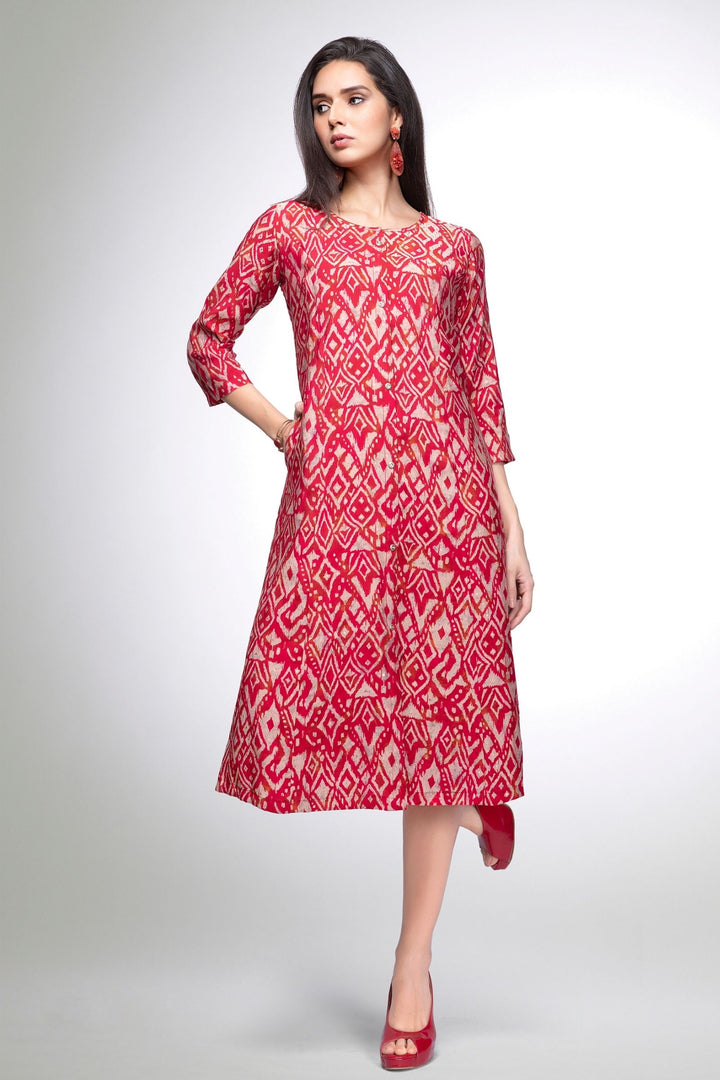 Red with Sandal Digital Print Calf Length Kurti