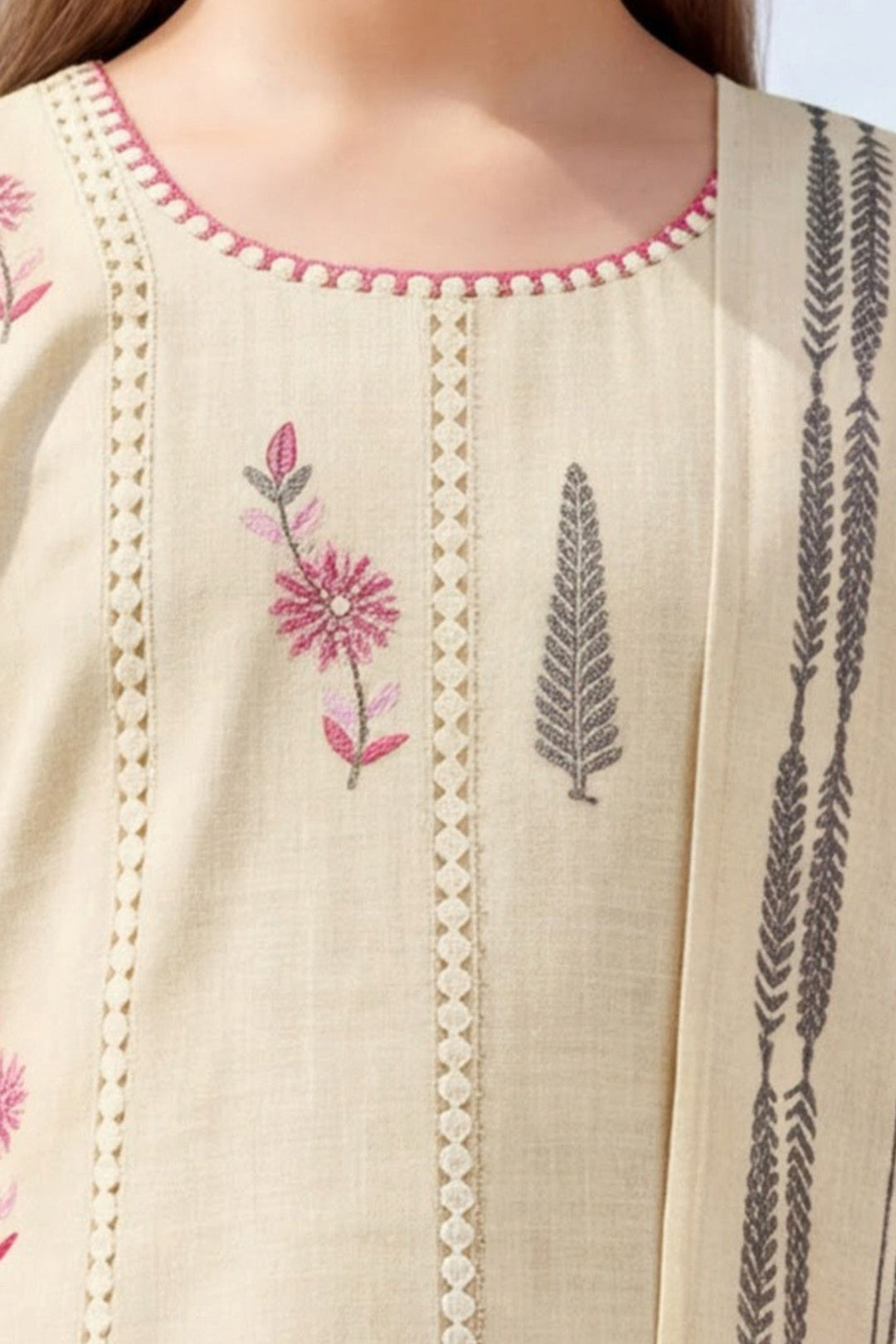 Cream Embroidery and Sequins work Salwar Suit for Girls