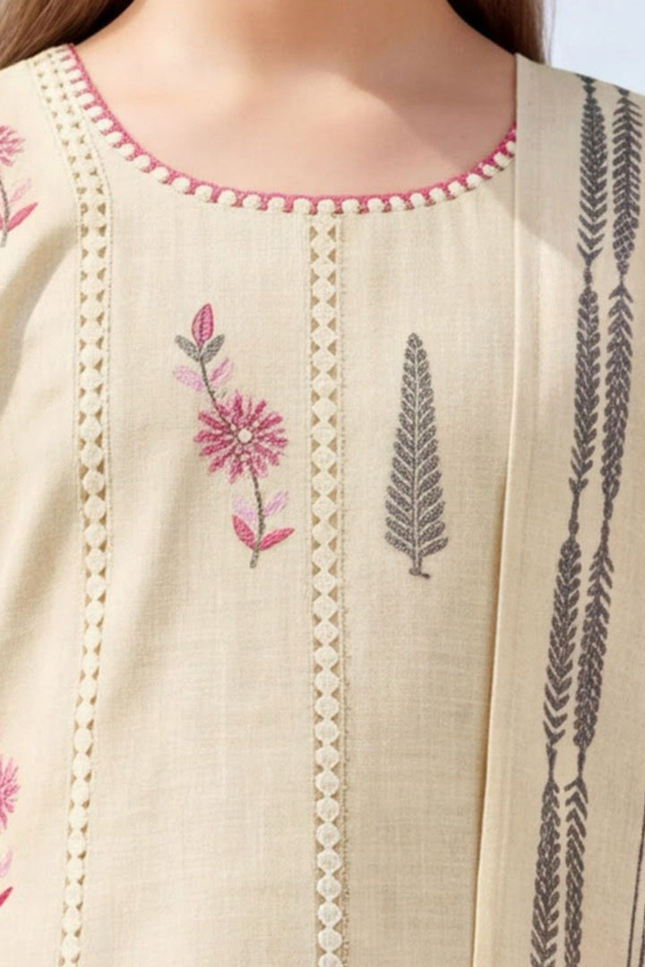 Cream Embroidery and Sequins work Salwar Suit for Girls
