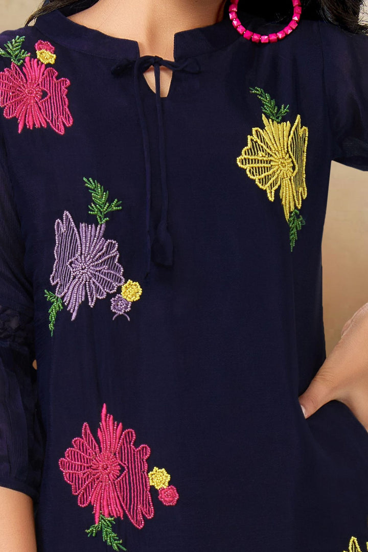 Navy Blue Multicolor Embroidery and Beads work Casual Kurti for Girls
