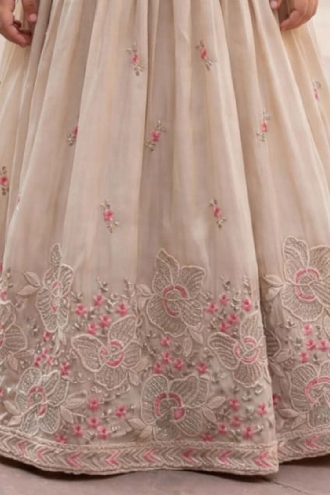 Cream Beads, Pearl, Thread, Zari and Sequins work Lehenga Choli for Girls