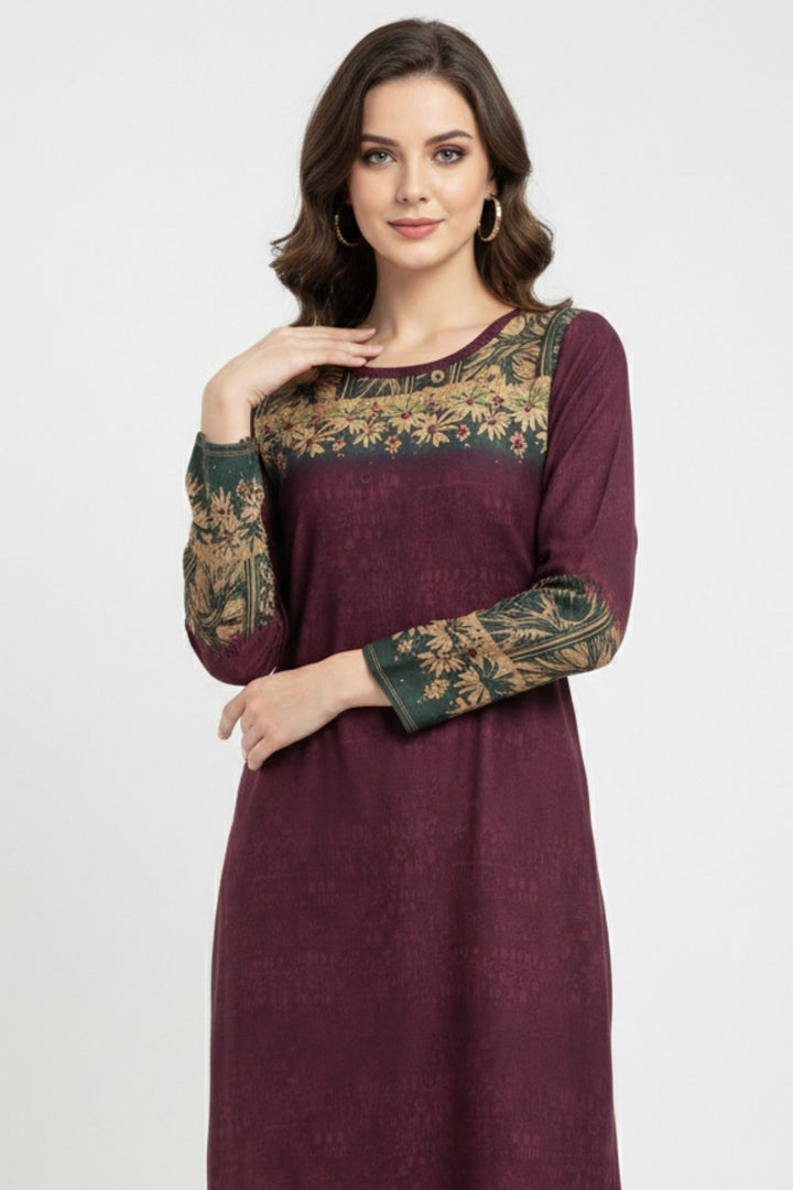 Wine Mirror and Zari work with Digital Print Calf Length Kurti