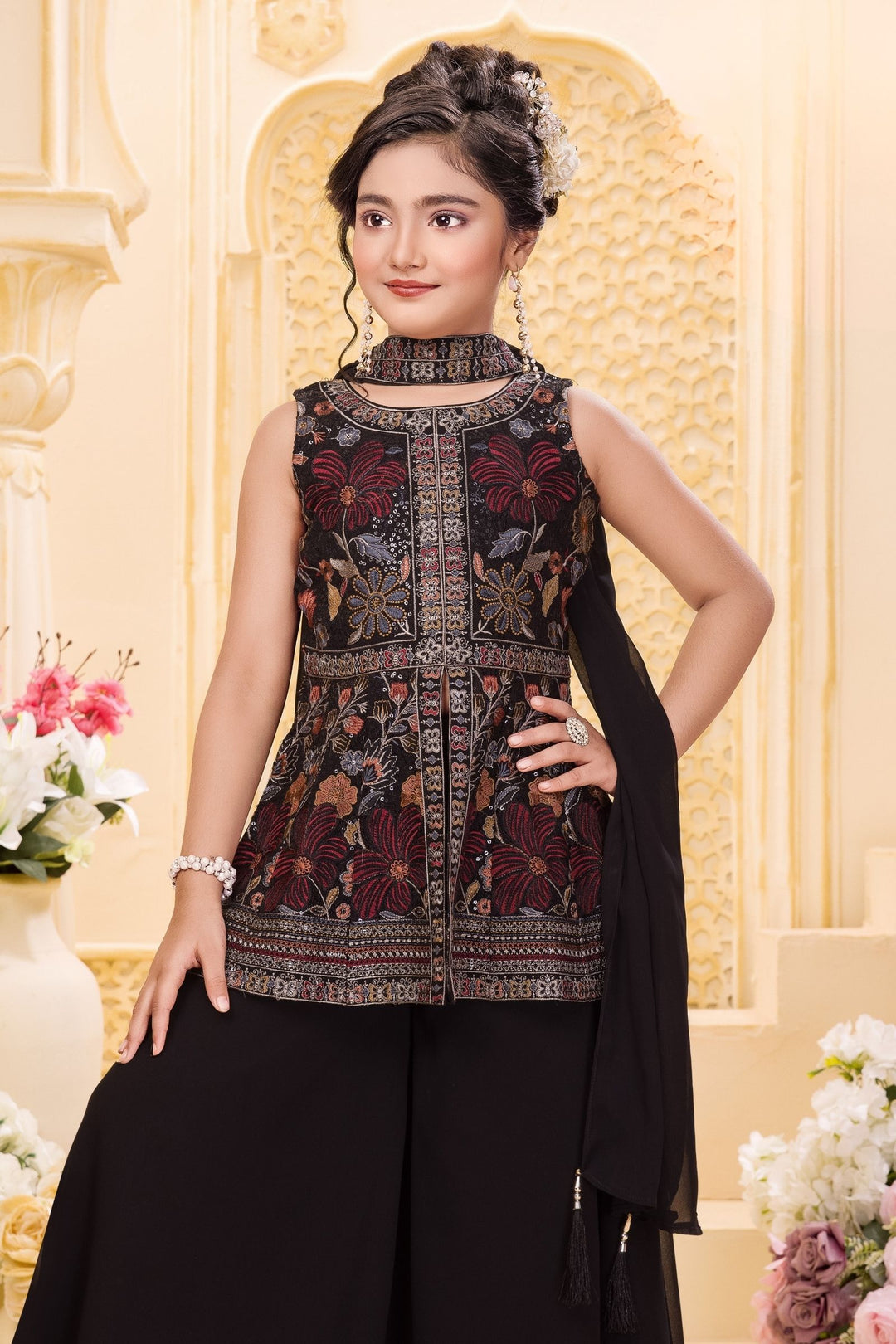 Black with Multicolor Embroidery and Sequins work Palazzo Suit Set for Girls