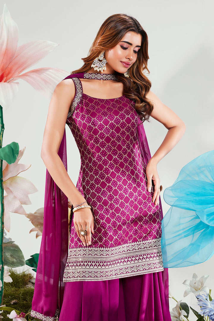 Wine Banaras, Zari and Sequins work Palazzo Salwar Suit