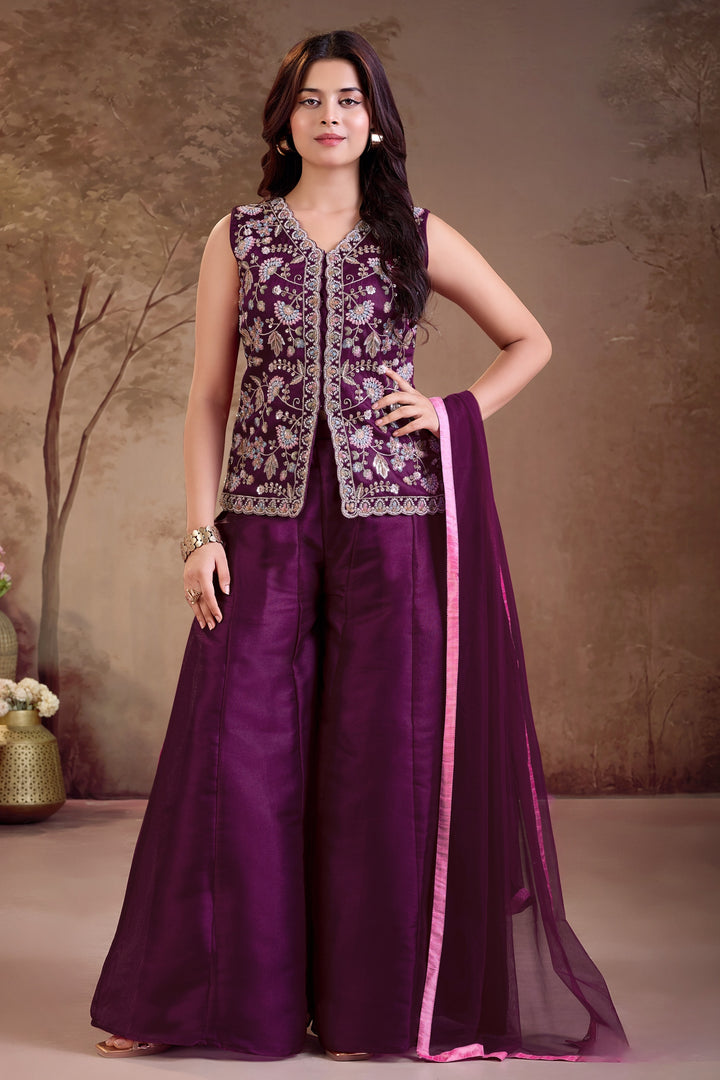 Wine Multicolor Embroidery, Beads and Sequins work Palazzo Suit Set for Girls