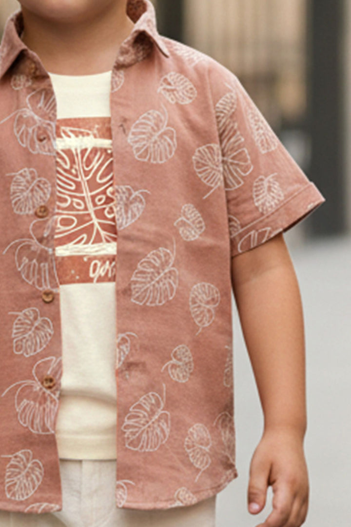 Cream with Dusty Rose Blazer, Printed T-Shirt and Shorts Set for Boys