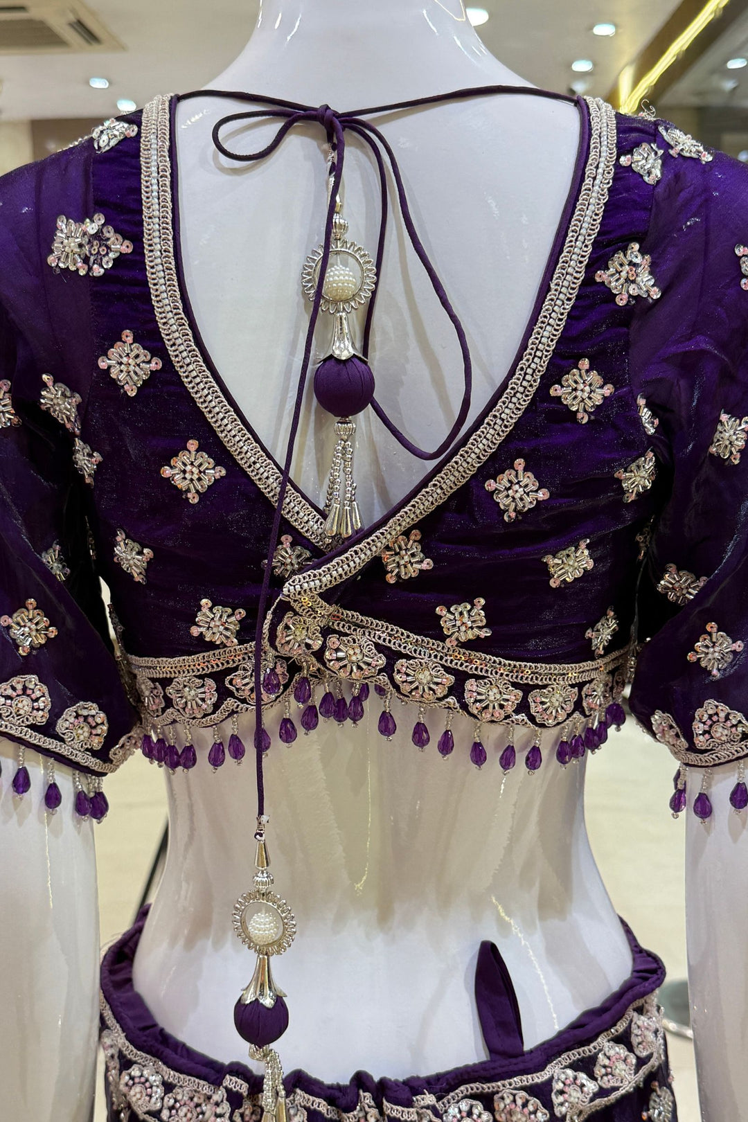 Purple Beads, Zari, Thread and Sequins work Crop Top Bridal Lehenga