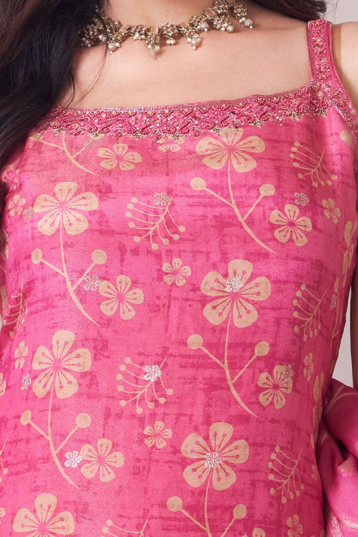 Pink Zardozi, Stone, Mirror, Zari and Beads work with Floral Print Straight Cut Salwar Suit