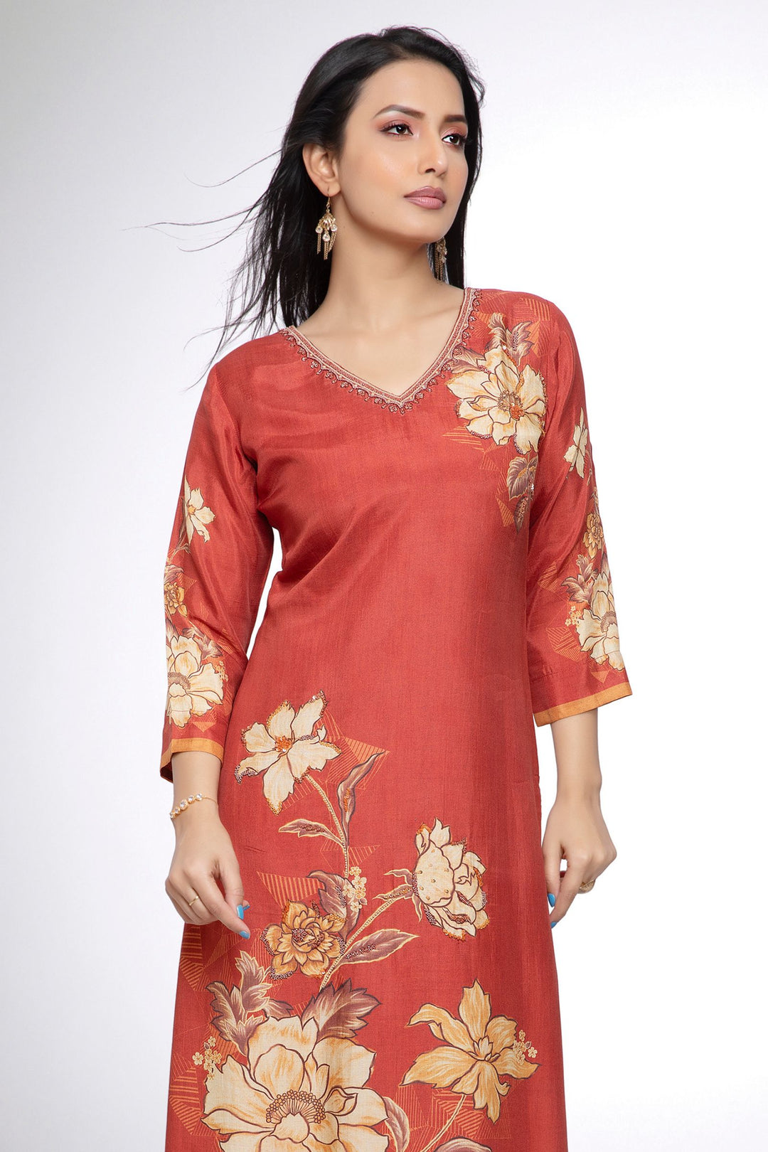 Brick Red Beads and Sequins work with Floral Print Calf Length Kurti
