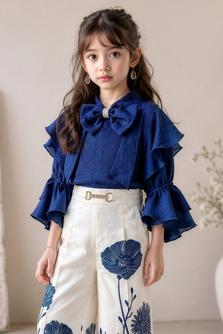 Teal Blue with Cream Top and Floral Print Palazzo Set for Girls