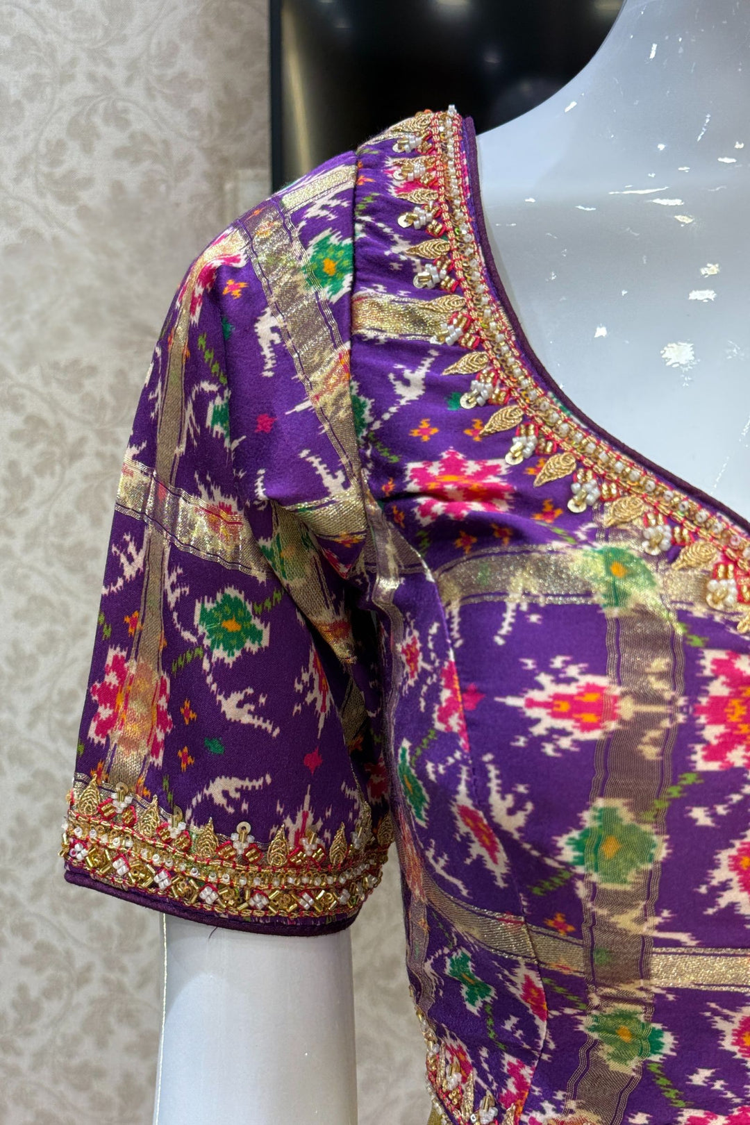 Mustard Saree with Purple Beads, Zari and Sequins work with Pochampally Print Blouse