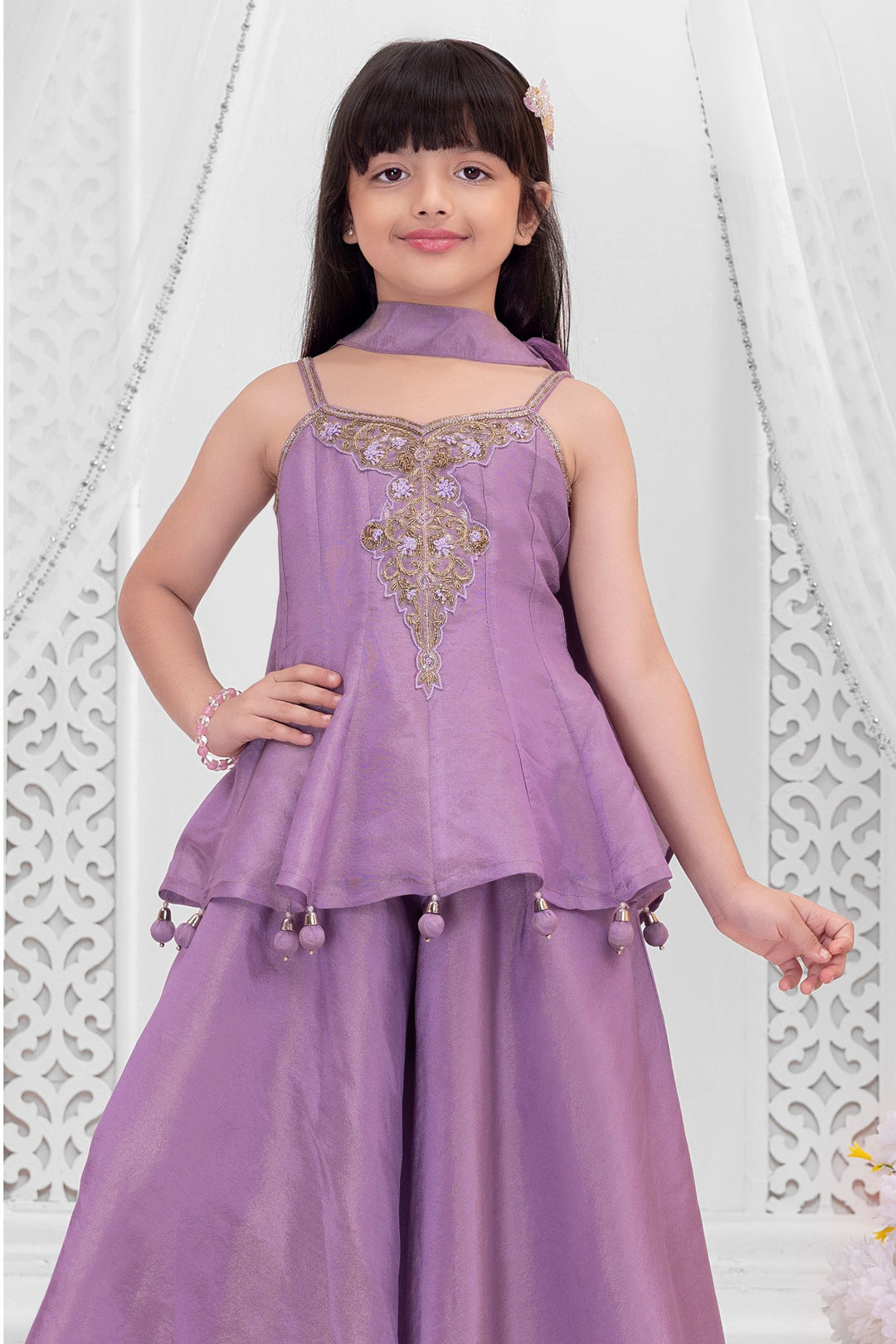Girls Lavender Zardozi, Beads and Zari work Peplum Palazzo Set