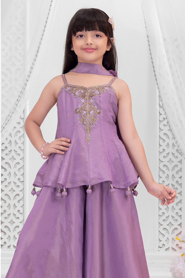 Girls Lavender Zardozi, Beads and Zari work Peplum Palazzo Set