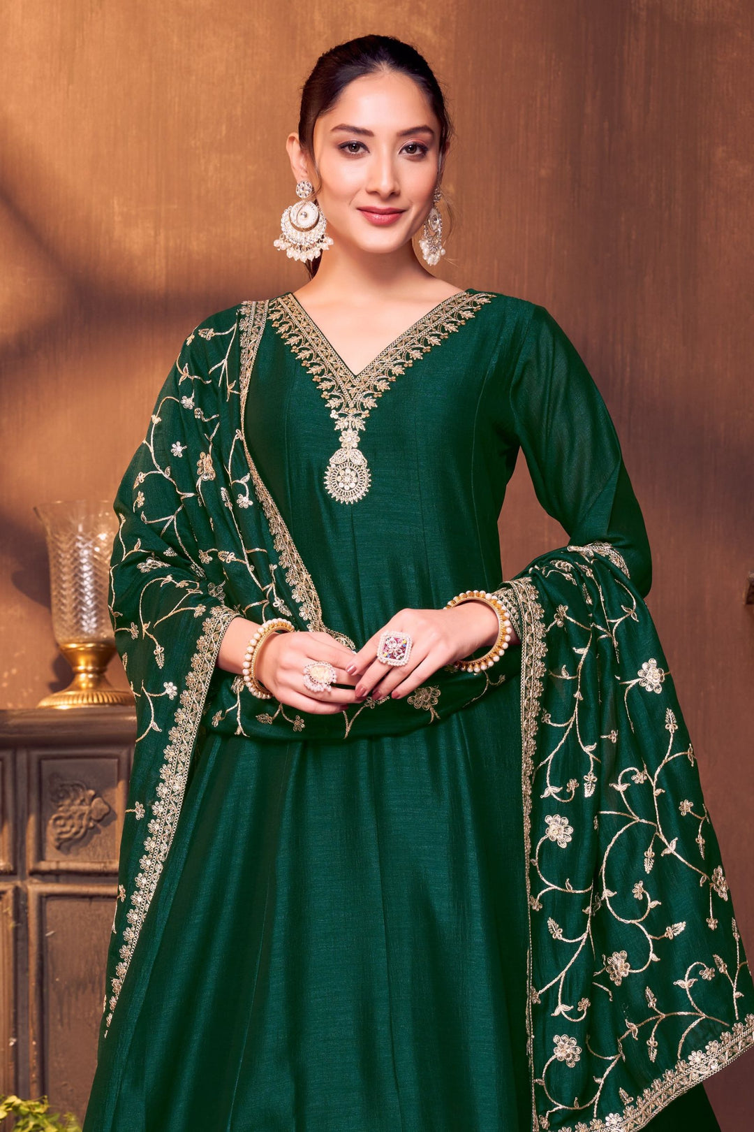 Bottle Green Sequins and Zari work Anarkali Style Salwar