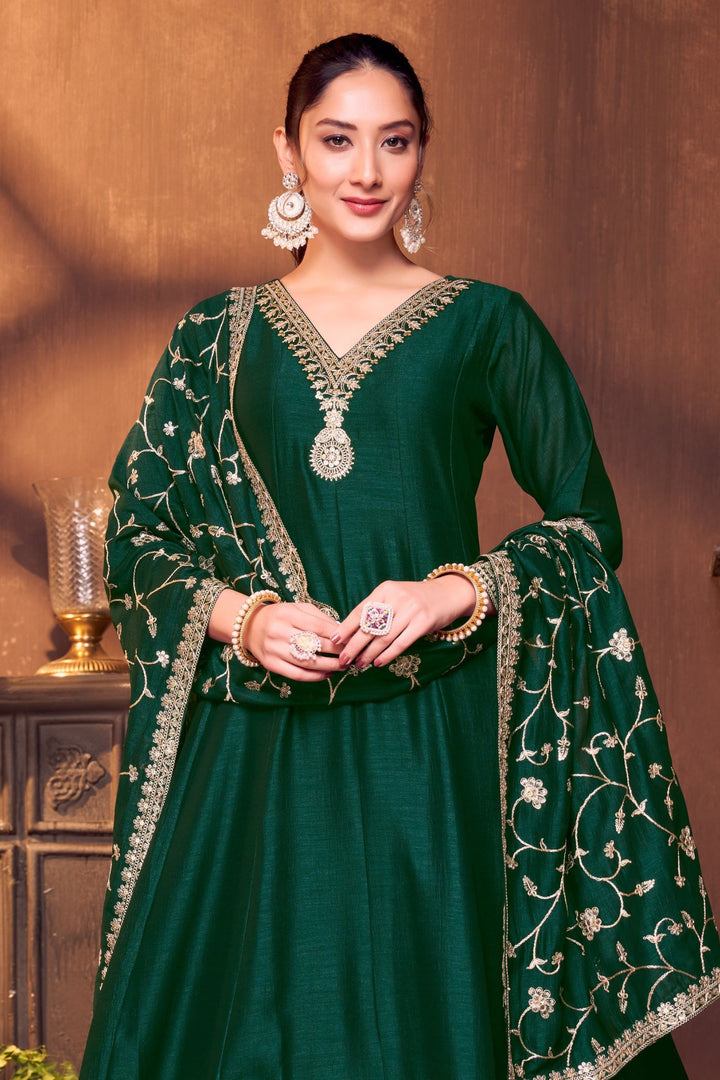 Bottle Green Sequins and Zari work Anarkali Style Salwar