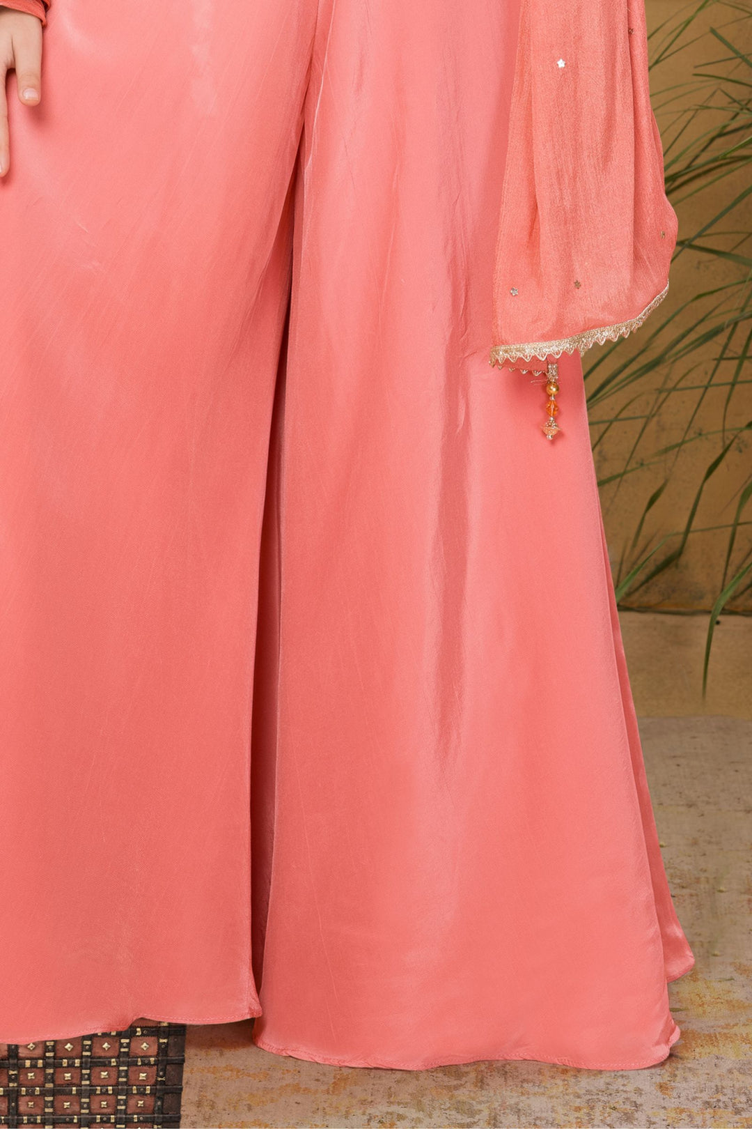 Peach Sequins and Zari work with Multicolor Digital Print Choli and Palazzo Set for Girls