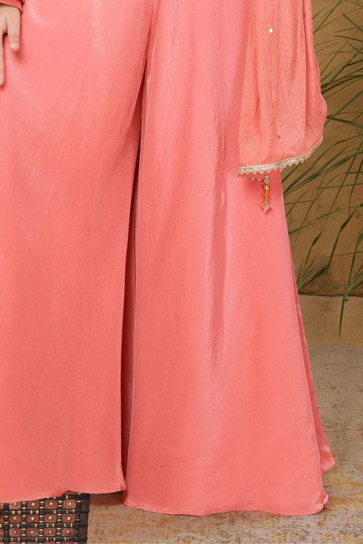 Peach Sequins and Zari work with Multicolor Digital Print Choli and Palazzo Set for Girls