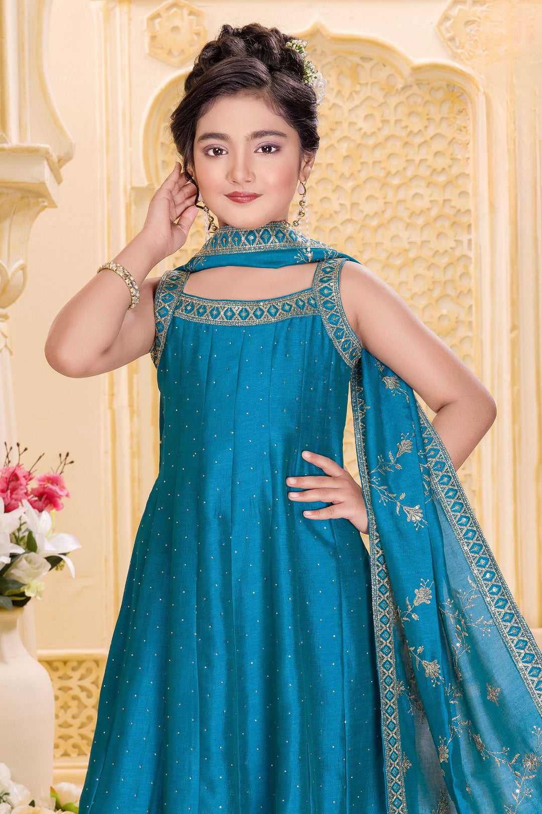 Rama Blue Sequins, Zari and Stone work Anarkali Style Salwar Suit for Girls