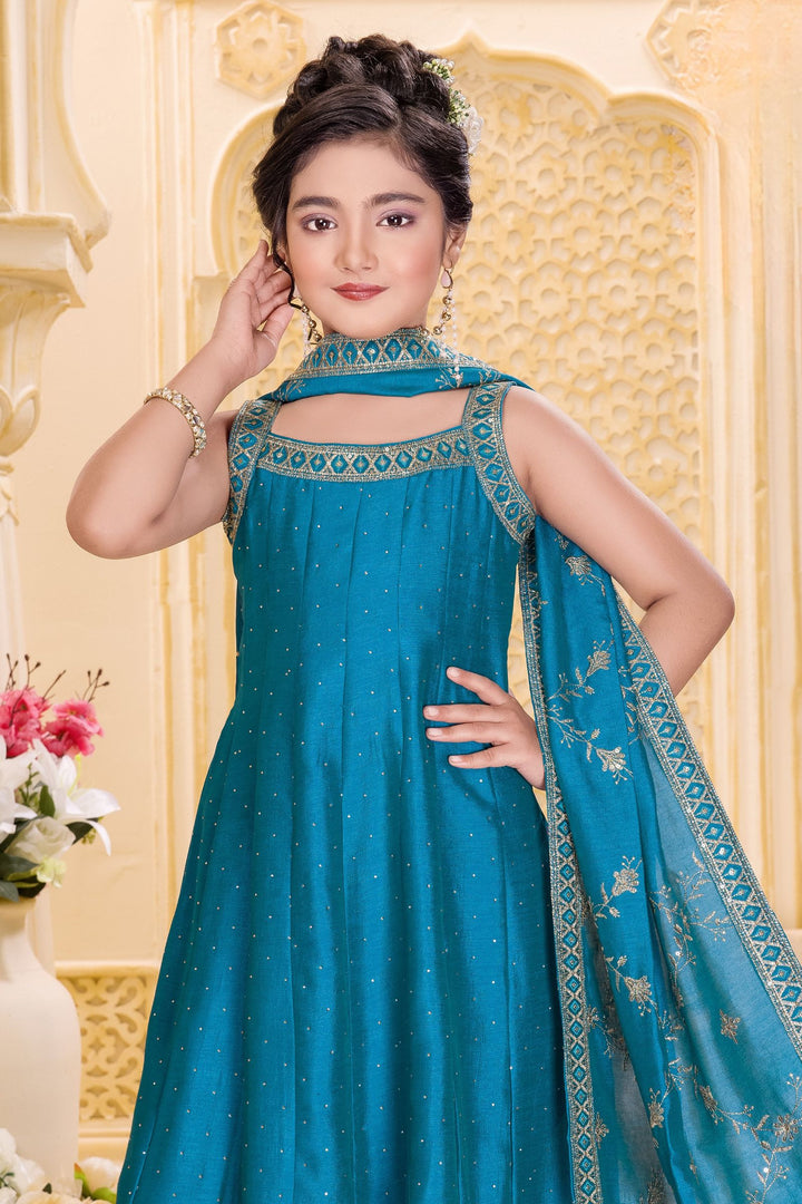 Rama Blue Sequins, Zari and Stone work Anarkali Style Salwar Suit for Girls