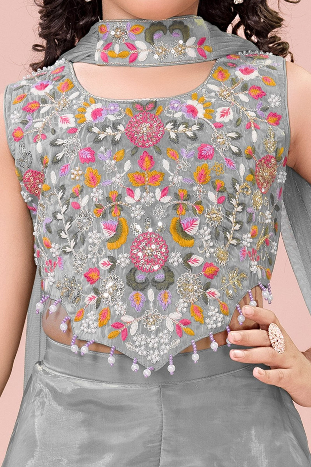 Light Grey Sequins, Beads and Multicolor Embroidery work Palazzo Suit Set for Girls