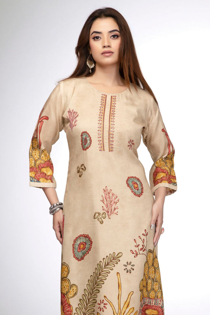Sandal Botanical Print Straight Kurta Set with Multicolor Artistic Motifs