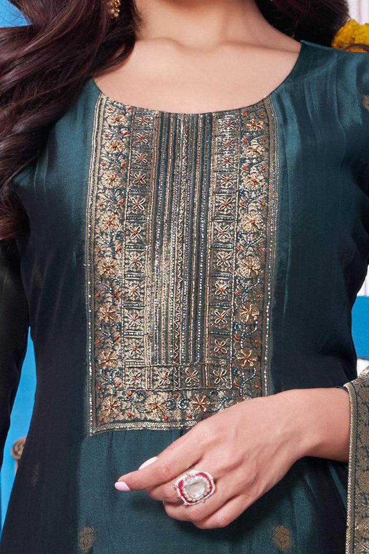 Bottle Green Banaras, Beads, Thread and Zardozi work Straight Cut Salwar Suit