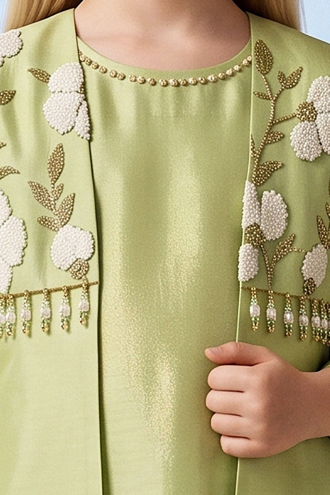 Pista Green Beads, Zari and Thread work Jacket Styled Palazzo Set for Girls