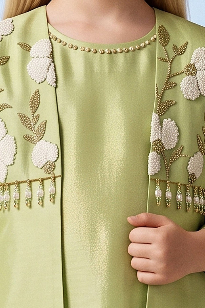 Pista Green Beads, Zari and Thread work Jacket Styled Palazzo Set for Girls