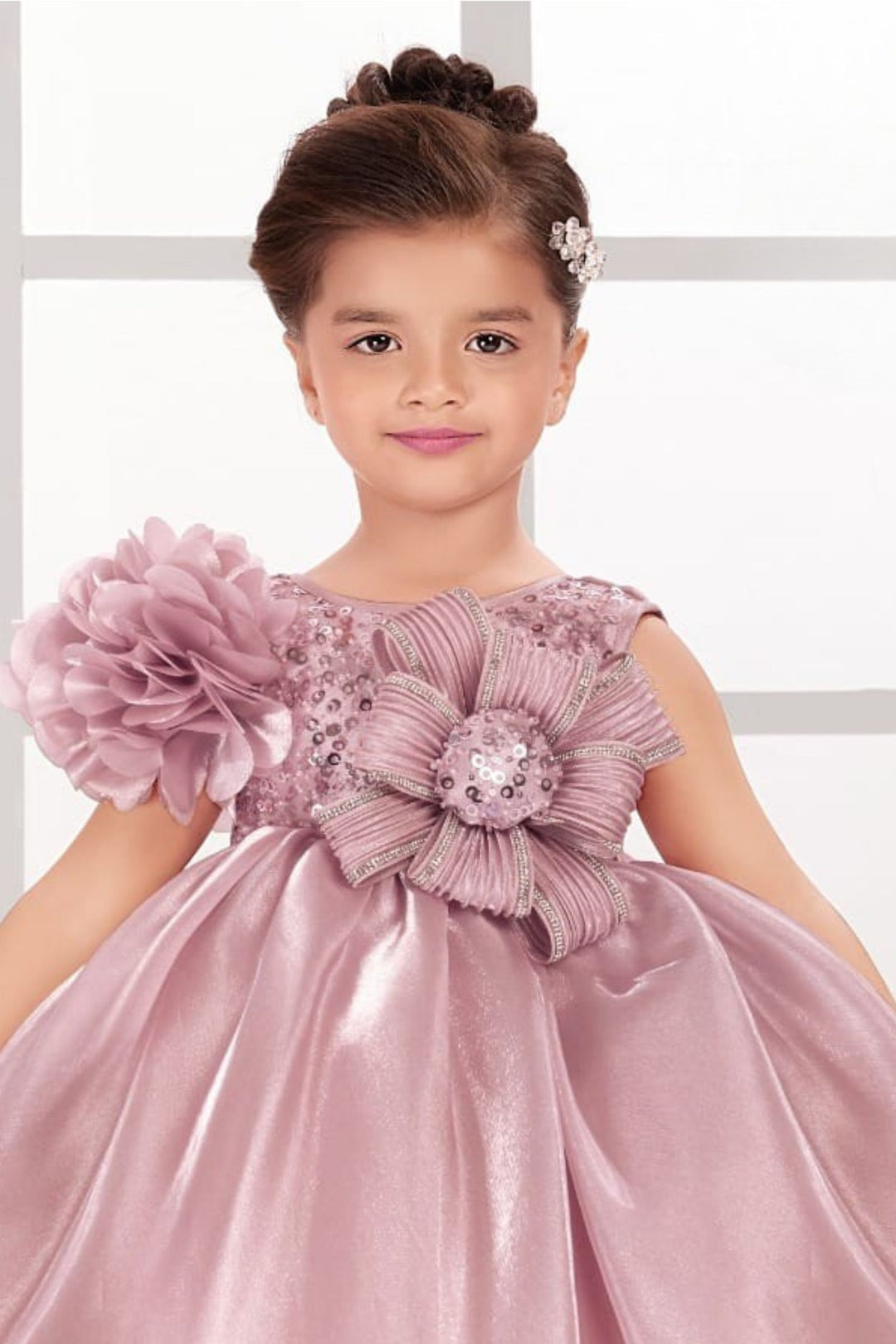 Onion Pink Stone and Sequins work Short Partywear Frock for Girls