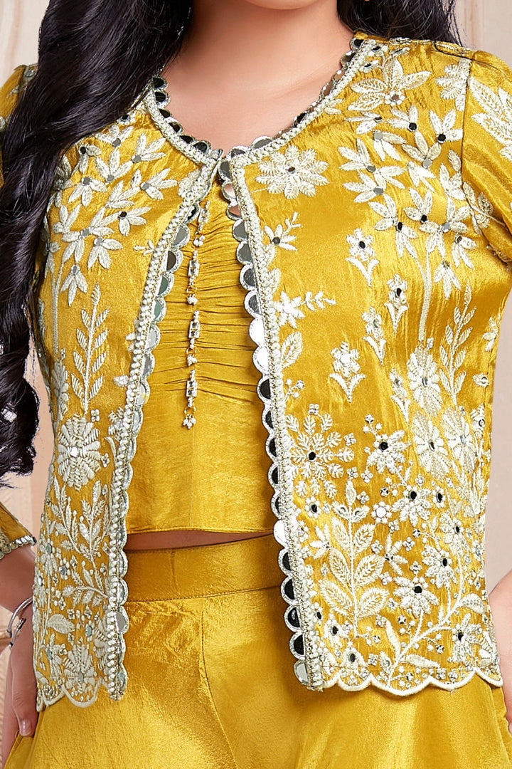 Yellow Embroidery, Sequins, Zari and Mirror work Jacket Styled Palazzo Set for Girls