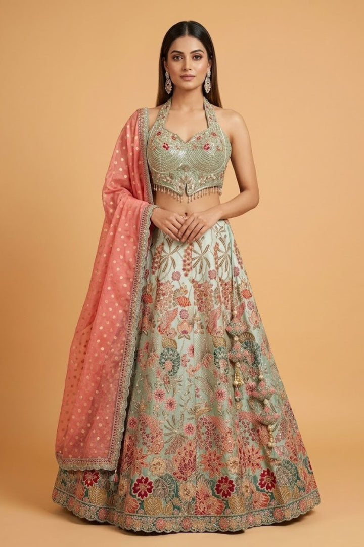 Sea Green Zardozi, Sequins, Beads, Thread and Zari work with Halter Neck Lehenga