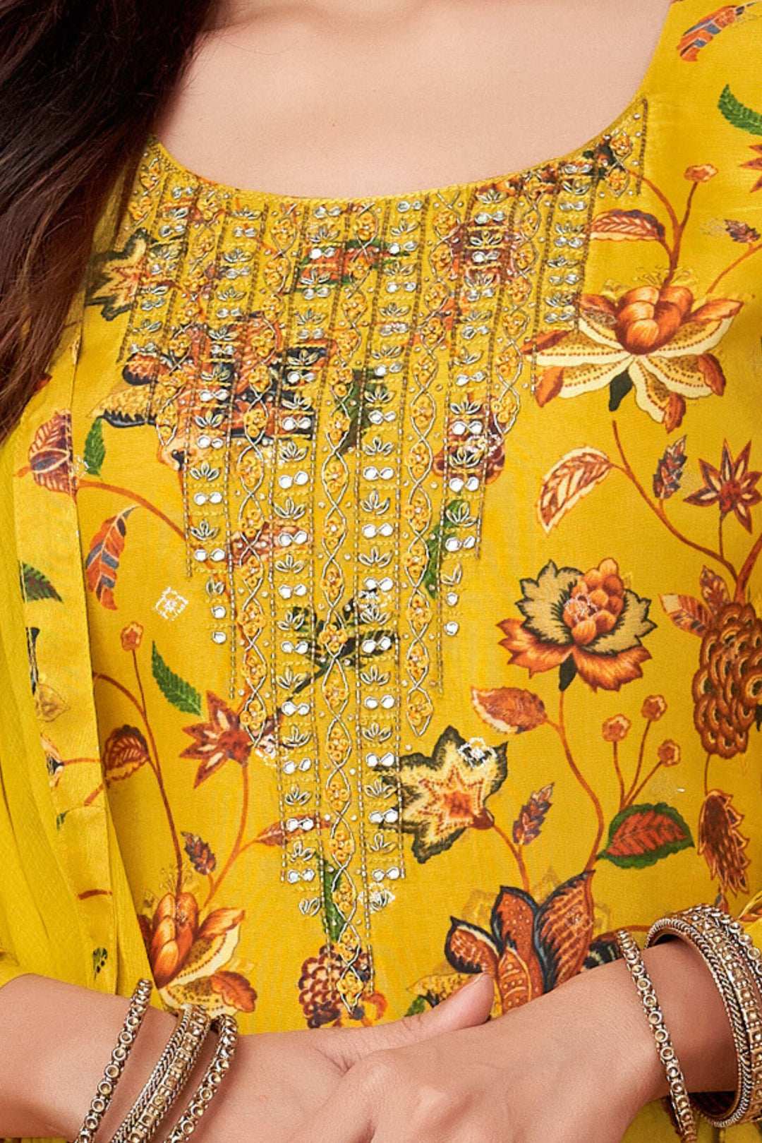 Mustard Yellow Beads, Mirror and Banaras work with Floral Print Straight Cut Salwar Suit