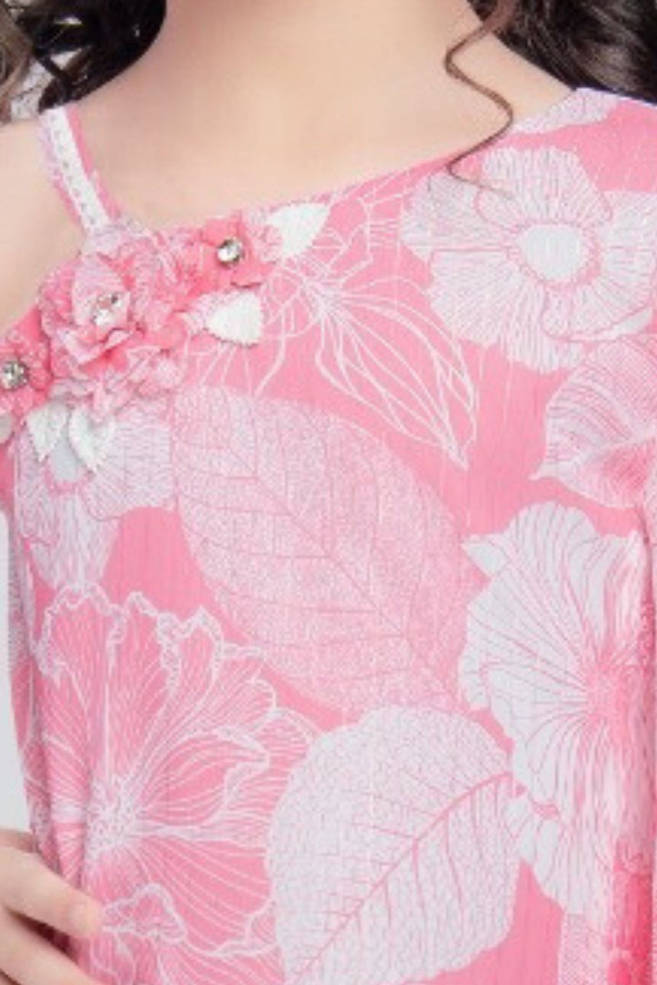 Pink Floral Print Western Short Frock For Girls