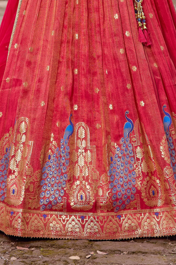 Tomato Red Stone, Mirror, Sequins, Beads and Banaras Zari work Lehenga Choli for Girls