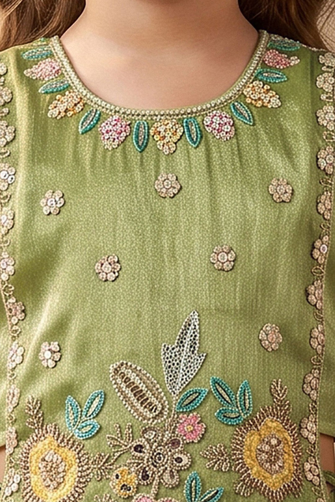 Pista Green Embroidery, Sequins and Beads work Palazzo Set for Girls