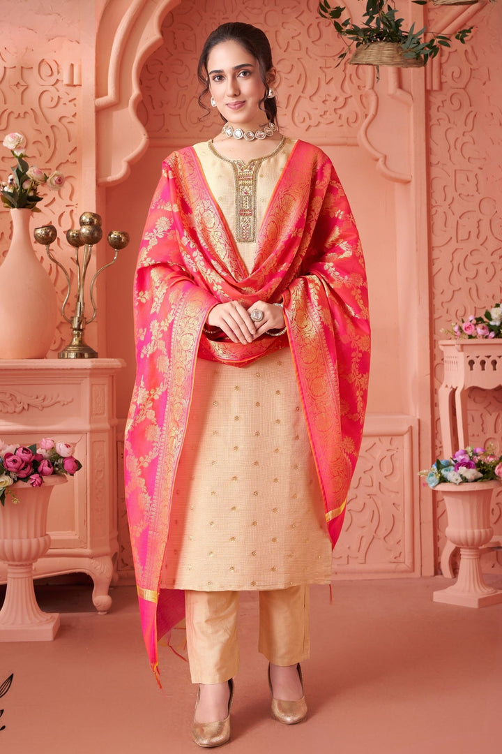 Beige Zardozi, Beads, Pearl, Thread and Mirror work Straight Cut Salwar Suit