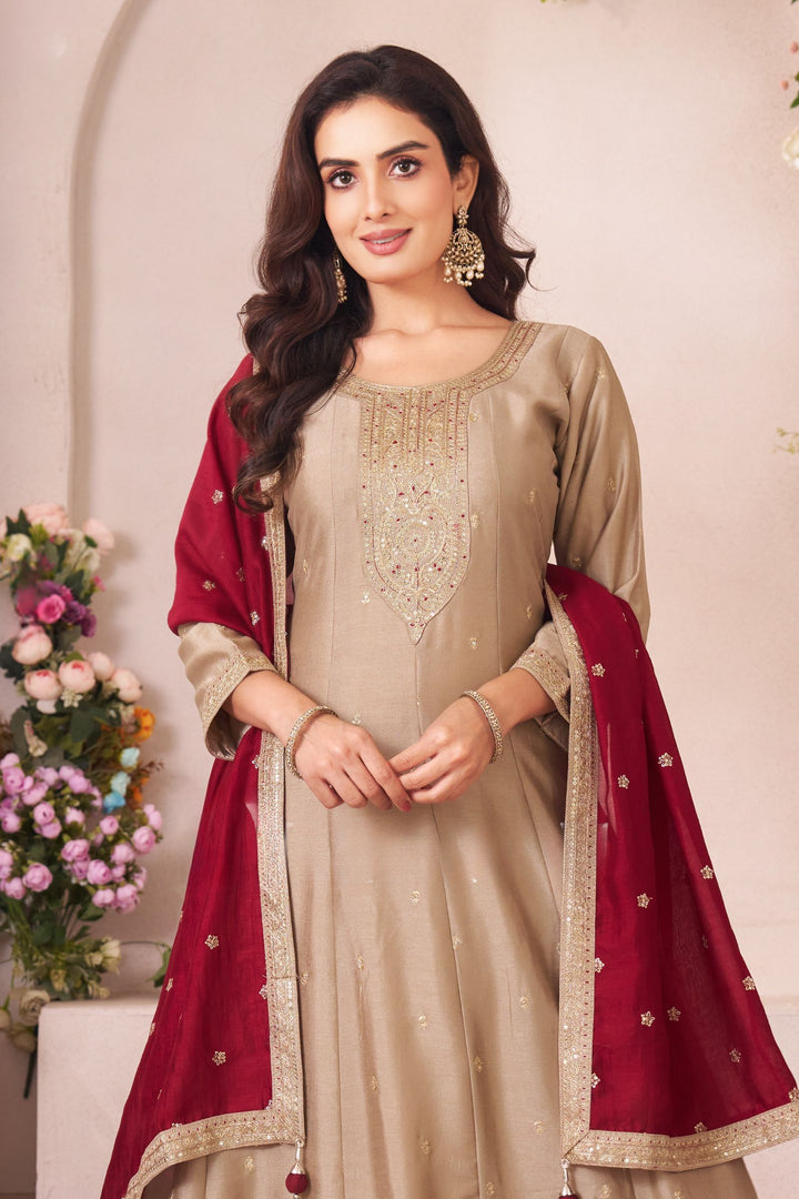 Beige Sequins and Zari work Anarkali Style Salwar