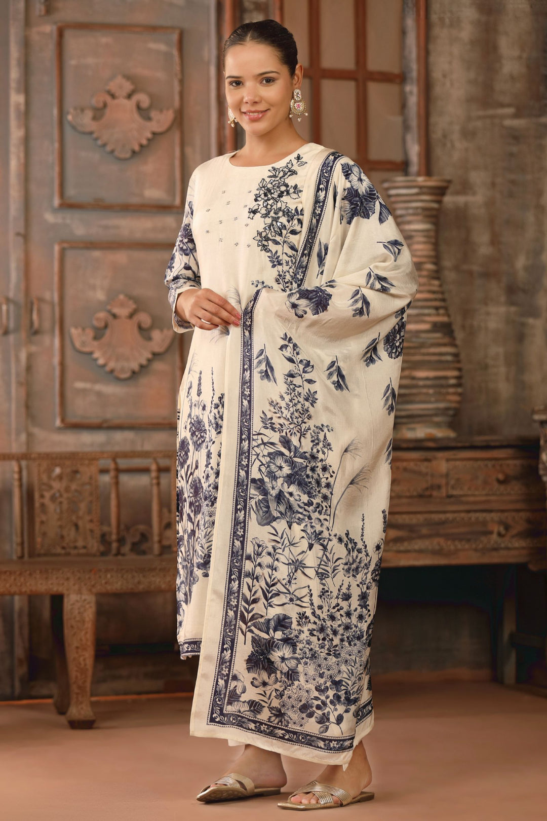 Cream Beads and Sequins work with Floral Print Straight Kurta Set