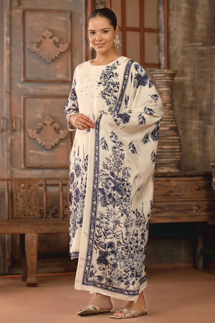 Cream Beads and Sequins work with Floral Print Straight Kurta Set